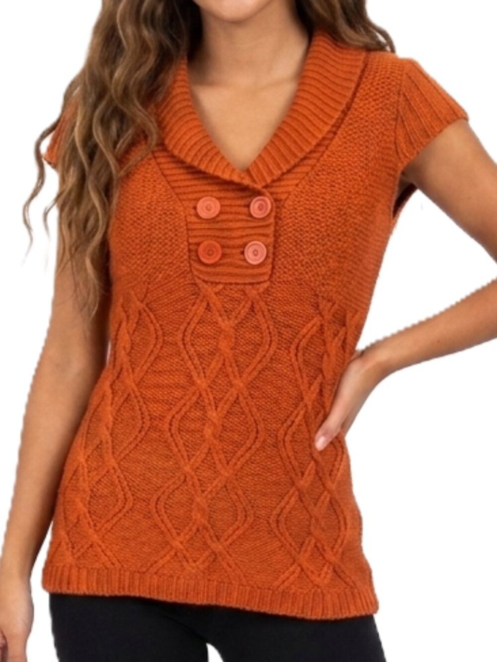 Vintage Y2K Cable Knit Sweater Top Orange Shawl Collar Button Preppy Retro M